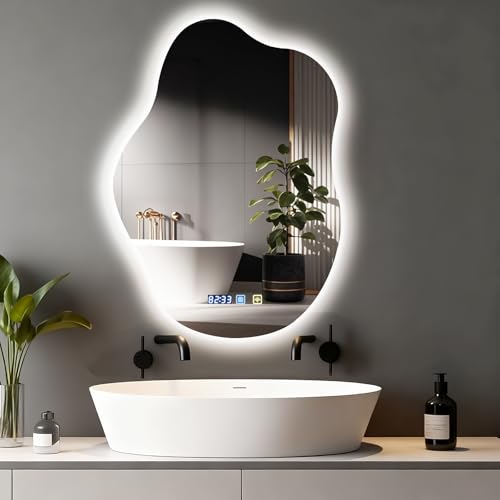 Badspiegel mit LED-Beleuchtung, asymmetrisch, 70x50 cm, entfoggt, touch-schaltbar und dimmbar, Uhr-Spiegel Bad mit Beleuchtung, bruchsicher