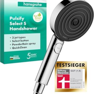 Hansgrohe Pulsify Select S, wassersparnder Duschkopf mit 3 Strahlarten und Antikalk-Funktion, Chrom