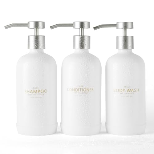Shampoo und Spülungsspender mit 3 nachfüllbaren 600 ml Flaschen, modernes Design für Badezimmer (weiß)