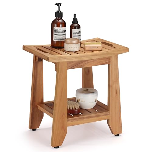 Teak-Duschhocker mit Ablage und Griff für Dusche, Badezimmer und Außenbereich