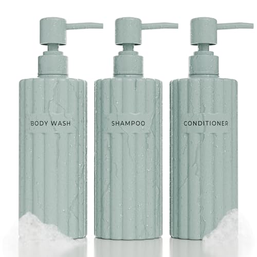 Stylischer Shampoo- und Spülungsspender-Set mit 3 Stück - moderne Duschseifenflaschen mit Pumpe und Etiketten für ein sofortiges Badezimmer-Dekor-Upgrade