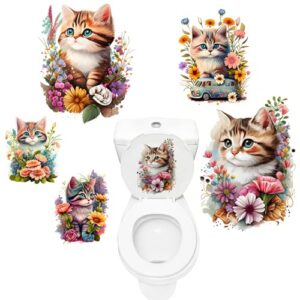 5 Stück Toilettenaufkleber mit Süßer Katze und Blume, Selbstklebend PVC Deckel WC Aufkleber für das Badezimmer, Wandtattoo Sticker Wasserdicht
