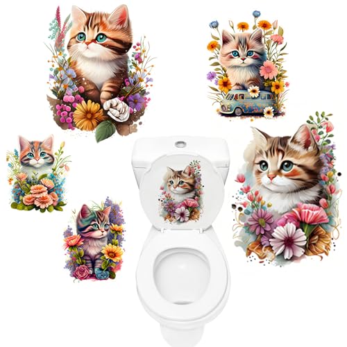 5 Stück Toilettenaufkleber mit Süßer Katze und Blume, Selbstklebend PVC Deckel WC Aufkleber für das Badezimmer, Wandtattoo Sticker Wasserdicht
