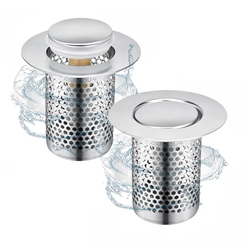 Abflusssieb aus Edelstahl mit Push-Typ-Rückprallkern, um Fett und Gerüche zu filtern. 2 Stück, Ø 33 x 50 mm. Ideal für die Reinigung von Küchen, Bädern und Balkonen.