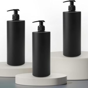 3 Stück Seifenspender aus Kunststoff, schwarz und matt, mit 20 wasserdichten Etiketten, ideal für Flüssigseifen, Duschgel und Shampoo, minimalistischer Luxus Pumpspender