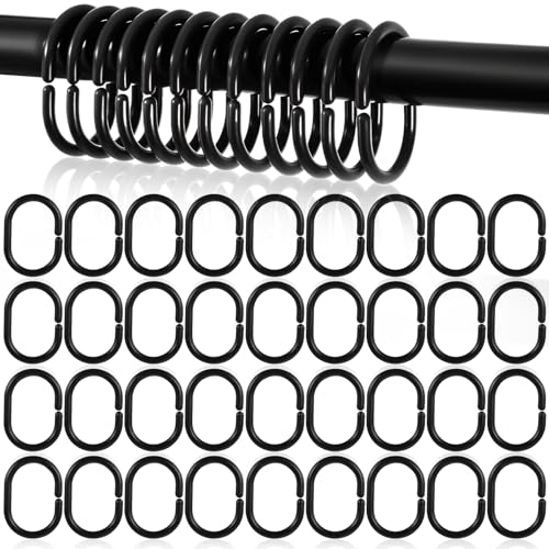 36 Duschvorhangringe in Schwarz aus Kunststoff, perfekt fuer das moderne Badezimmer, einfache Installation und reibungslose Bewegung des Duschvorhangs.