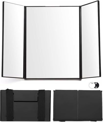 360 Grad Spiegel, 3 Wege Spiegel mit Haken, Tragbarer Kosmetikspiegel, Höhenverstellbarer und Faltbar, Rasierspiegel mit 10X Vergrößerungsspiegel, für Haarschnitt, Rasieren, Schminken, Haarstyling