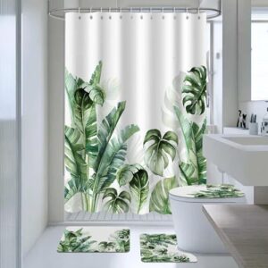 Moderne Badevorhänge für Badezimmer-Dekor mit 12 Haken, tropisches Palmblatt, rutschfeste Teppiche und umweltfreundliche Badmatte