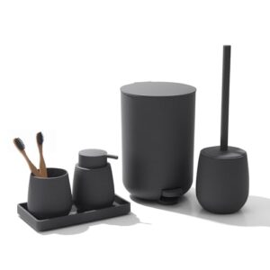 Modernes Badezimmer-Set aus Grau, 5-teiliges Set mit Seifenspender, Zahnbürstenhalter und Kosmetikorganizer für ein elegantes und praktisches Badezimmer.