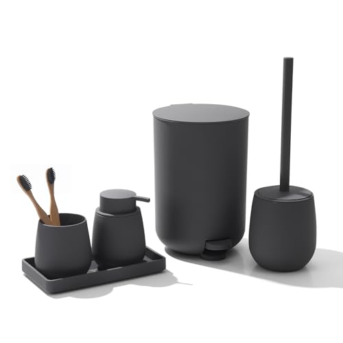 Modernes Badezimmer-Set aus Grau, 5-teiliges Set mit Seifenspender, Zahnbürstenhalter und Kosmetikorganizer für ein elegantes und praktisches Badezimmer.