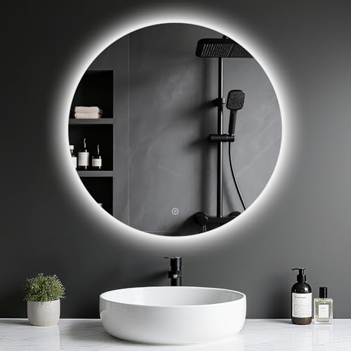 Moderner Badspiegel mit Beleuchtung, Touch-Schalter und Dimmbarkeit. LED-Lichter mit 3 Lichtfarben, Speicherfunktion und Explosionsschutz.