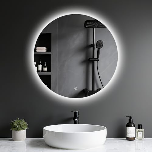 Moderner Badspiegel mit LED-Beleuchtung und Touch-Schalter, Dimmbar und 3 Lichtfarben, Ausstattung: Explosionsschutzglas, HD Sicherheitsglas, Speicherfunktion, ideal für Badezimmer