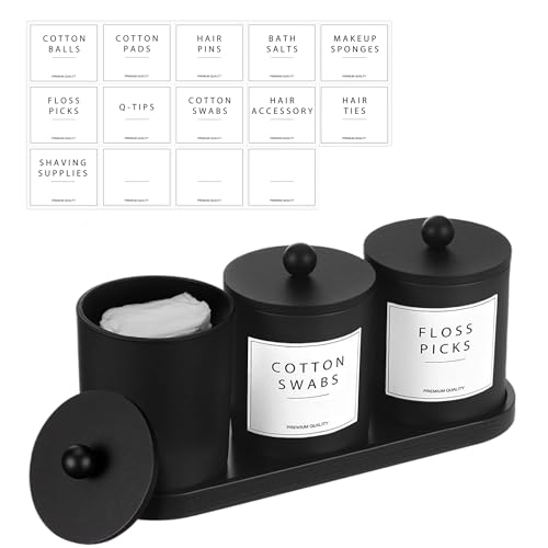 Balkan Glas Wattestäbchen Behälter, Schminktisch Badezimmer Organizer Set mit Tablett, Wattepadspender Make up Organizer für Wattestäbchen, Wattepads (Matt Schwarz-3er)