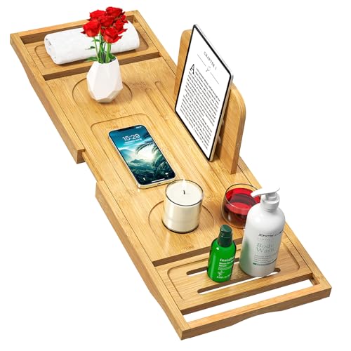 Hochwertige Badewannenablage mit Ausziehfunktion und robuster Bambuskonstruktion. Verstellbare Seitenträger ermöglichen eine flexible Nutzung. inklusive Tablethalter und Glas- und Buchhalterung.