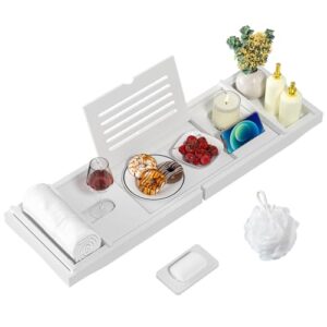 Verstellbare Badewannenablage aus Bambus mit Fächern für Seifen, Badesalz und andere Badeartikel. Ideal für iPad und Bücher.