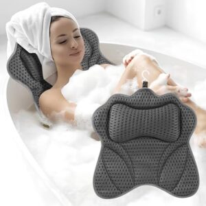 Badewannenkissen für eine erholsame Badezeit, 4D-Mesh mit 6 Saugnäpfeln, atmungsaktives Material, Unterstützung für Kopf, Nacken, Schultern und Rücken, Heimspas (Grau)