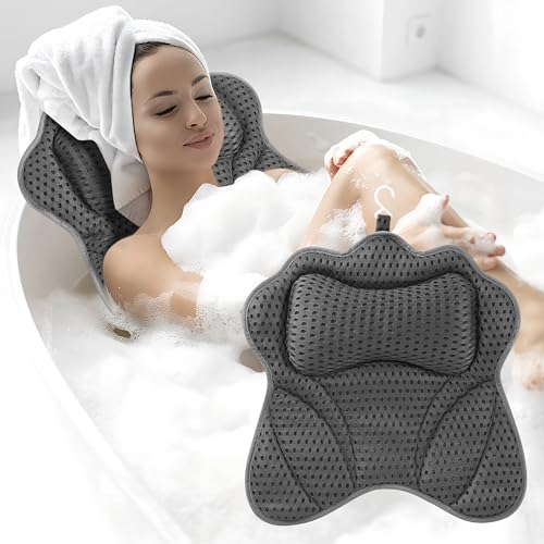 Badewannenkissen für eine erholsame Badezeit, 4D-Mesh mit 6 Saugnäpfeln, atmungsaktives Material, Unterstützung für Kopf, Nacken, Schultern und Rücken, Heimspas (Grau)