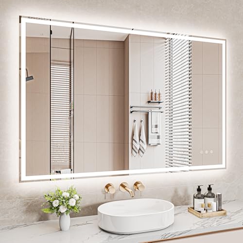 Badezimmerspiegel mit LED-Beleuchtung, Touch-Schalter und Druckknopf, 3 Lichtfarbe Einstellbar, Badspiegel mit Wandspiegel und Beschlagfrei