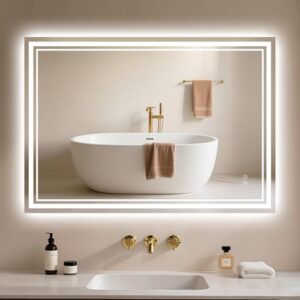 Eleganter LED-Badezimmerspiegel mit Beleuchtung, 80x60cm groß, Beschlagfrei, Touch-Schalter, Dimmbar, 3 Lichtfarben, Wandspiegel für Badezimmer