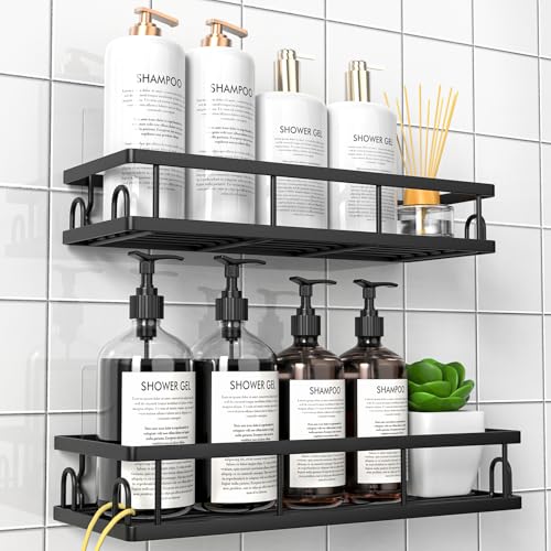 Praktische Duschablage ohne Bohren fürs Badezimmer, Wasserdichter Organizer mit 2 Stück Regal, ideal für Shampoo und Duschgel Halterung in der Dusche (Schwarz)