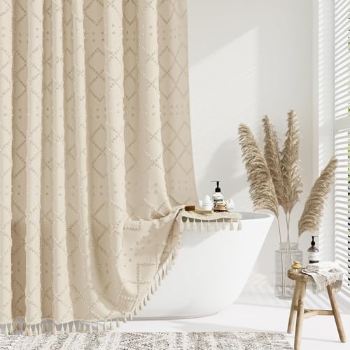 Duschvorhang aus Polyester mit Boho-Tuften und Chevron-Streifen, beige Farbe, antischimmel, wasserabweisend, waschbar, für Badezimmer und Badewanne