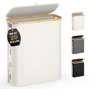42L Toilettenpapier Aufbewahrung mit Deckel & Sichtfenster, 20 Standard Rolle, Wasserdichter Bambus Aufbewahrung Badezimmer, klappbarer Multifunktionskorb für Bad, Kleiderschrank Beige