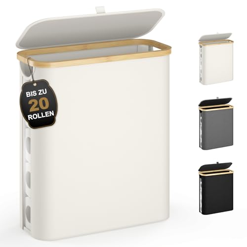 42L Toilettenpapier Aufbewahrung mit Deckel & Sichtfenster, 20 Standard Rolle, Wasserdichter Bambus Aufbewahrung Badezimmer, klappbarer Multifunktionskorb für Bad, Kleiderschrank Beige