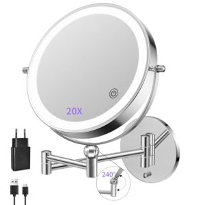 Wiederaufladbarer Kosmetikspiegel mit 1x/20x Vergrößerung, Dimmbarer Rasierspiegel in 3 Farben und Höhenverstellung für Badezimmer und Hotel