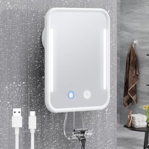 Beleuchteter Dusch-Rasierspiegel mit Heizfunktion und LED-Leuchten für eine bequeme Rasur, Badezimmerspiegel mit Saugnapf und weißen Rahmen.