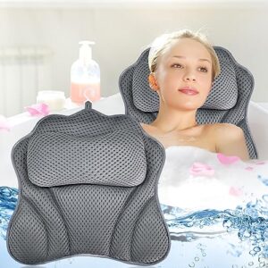 GUHAOOL Badewannenkissen, atmungsaktives 4D Air Mesh und 6 Saugnäpfen, Badewanne für Kopf, Nacken, Schultern, Rücken für erholsame Bäder, Grau