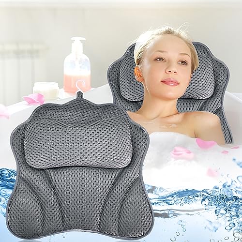 GUHAOOL Badewannenkissen, atmungsaktives 4D Air Mesh und 6 Saugnäpfen, Badewanne für Kopf, Nacken, Schultern, Rücken für erholsame Bäder, Grau