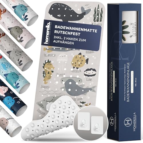 Homerella Badewannenmatte, 100 x 40 cm, rutschfest und schimmelresistent, 100% BPA-frei, inklusive 2 selbstklebenden Haken zum Aufhängen in der Badewanne, ideal für Kinder, Senioren, Schwangere oder Hunde