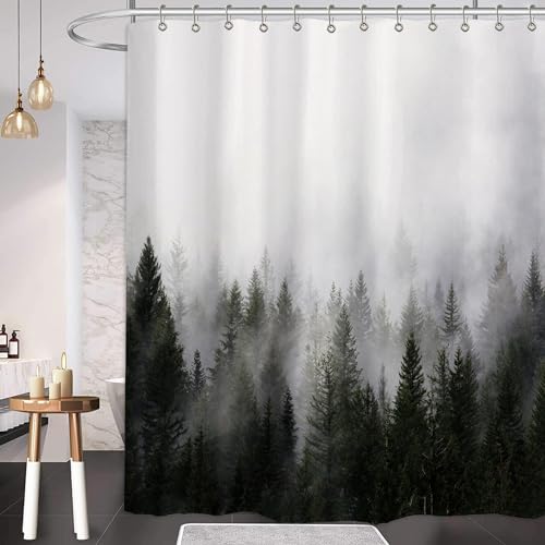 Duschvorhang 180x200 cm mit Waldstuckmotiv, grün, schimmelresistent, für Badewanne oder Dusche
