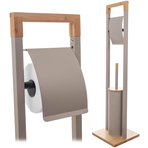 Praktischer und hygienischer Toilettenpapierhalter mit integrierter WC-Bürste aus Stahl und Bambus in Beige für das Badezimmer
