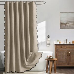 Eleganter und praktischer Duschvorhang aus Faux-Leinen mit Scalloped-Saum, wasserabweisendes Stoffdesign, 12 rostfreie Metallhaken, Badezimmer Dekoration neutraler Braun