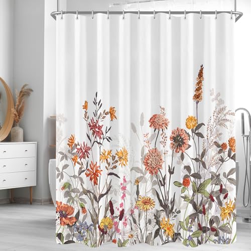 Lerores Duschvorhang 120x200cm Mischblumen, Beschwerter Saum Antischimmel, Wasserabweisend, Waschbar Polyester Badevorhänge mit 8 Ösen und Duschvorhangringen für Badezimmer