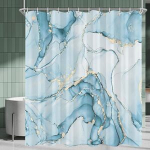 Duschvorhang 180x200 cm Hellblau Marmor, Beschwerter Saum Antischimmel Wasserabweisend Waschbar Polyester Badevorhänge mit 12 Ösen und Duschvorhangringen für Badezimmer Badewanne