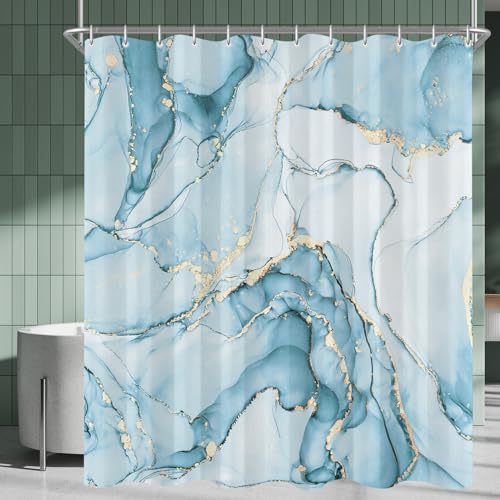 Duschvorhang 180x200 cm Hellblau Marmor, Beschwerter Saum Antischimmel Wasserabweisend Waschbar Polyester Badevorhänge mit 12 Ösen und Duschvorhangringen für Badezimmer Badewanne