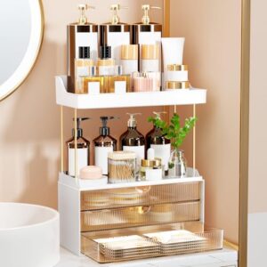 Großes Make-up-Organizer-Badezimmer-Aufbewahrungssystem mit 2 Ebenen und 3 Schubladen, Kosmetik Organizer für Badezimmer oder Schminktisch