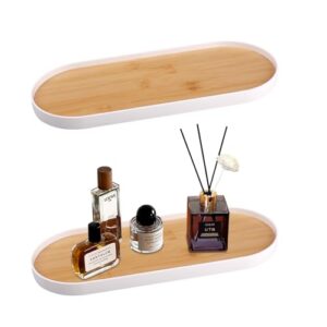 Ein elegantes Holztablett für das Badezimmer mit 2 Dekorationsplätzen, perfekt für Kosmetika und Schmuck, ovaler Design, weiß