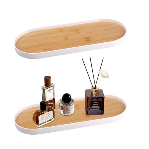 Ein elegantes Holztablett für das Badezimmer mit 2 Dekorationsplätzen, perfekt für Kosmetika und Schmuck, ovaler Design, weiß