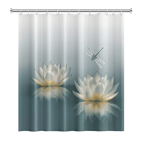 Lotus Blume Duschvorhang Süß Libelle Zen Spa Badevorhang Elegant Blumen für Badewanne Vorhang mit Haken Wasserfest