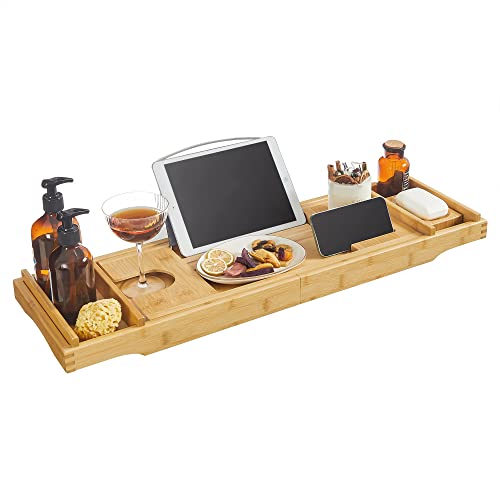 ausziehbare Badewannenablage aus Bambus, verstellbar, Badewannenablagen mit Getränkehalter, Buchstütze und Seifenhalter