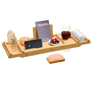 Badewannenablage aus Bambus, 70-95,6 cm breit, zusammenklappbar und rutschfest für Buch Tablet Weinglas Handtuch, naturbeige Farbe