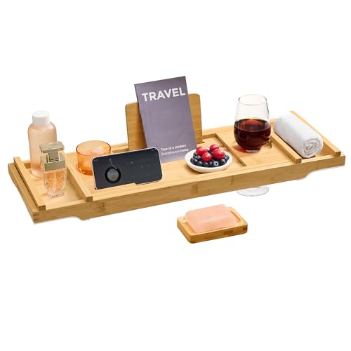 Badewannenablage aus Bambus, 70-95,6 cm breit, zusammenklappbar und rutschfest für Buch Tablet Weinglas Handtuch, naturbeige Farbe