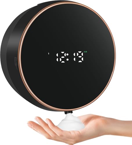 Seifenspender mit automatischer Wandbefestigung und No-Touch-Funktion, ideal für Küchen oder Badezimmer. Hochwertiger Kunststoff mit vergoldeter Oberfläche, wasserdicht (IPX5) und mit Energieeffizienz.