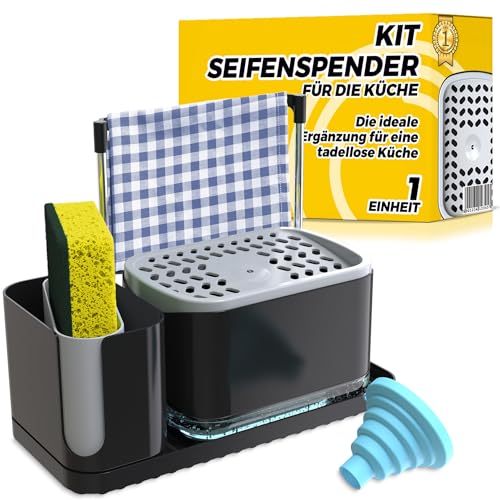 Küchen-Seifenspender mit Pumpe und Schwammhalter, Nachfüllbarer Seifenspender für das Spülbecken, inklusive Spülschwamm