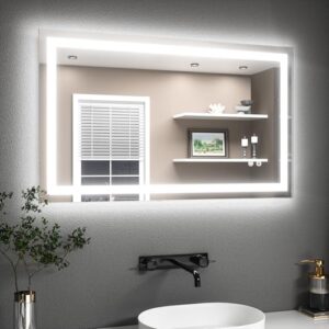 Badezimmerspiegel mit Beleuchtung, LED-Licht 3 Farben Dimmbar, Antibeschlagfunktion, moderner Wandspiegel für Badezimmer
