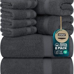 8-teiliges Handtuch-Set aus Baumwolle mit Aufhänger, 2 Badetuch, 2 Handtücher und 4 Washclappen in Grau