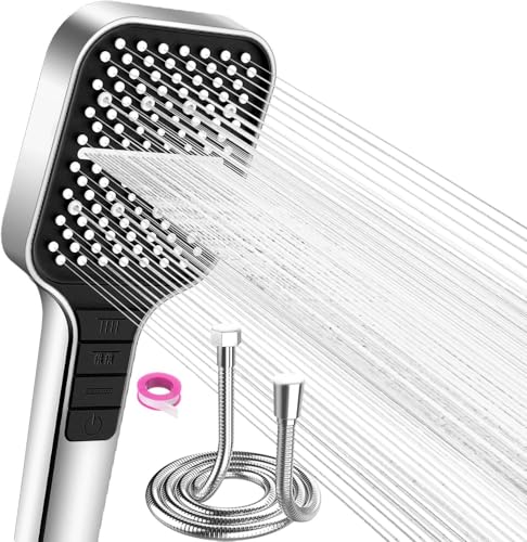 Regenduschkopf mit 7 Strahlarten, Duschkopf mit Schlauch 1.5 Meter, Wassersparender Duschkopf mit Stopptaste und selbstreinigender Silikondüse